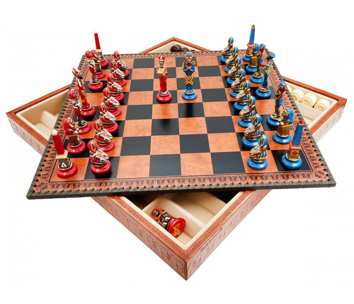 Елітний гральний набір 3-в-1 "Egyptian Medium Set" 48 x 48 см тематичні металеві фігури, коричнево-чорна шкіряна дошка, шашки та нарди. Italfama (19-54+212L)