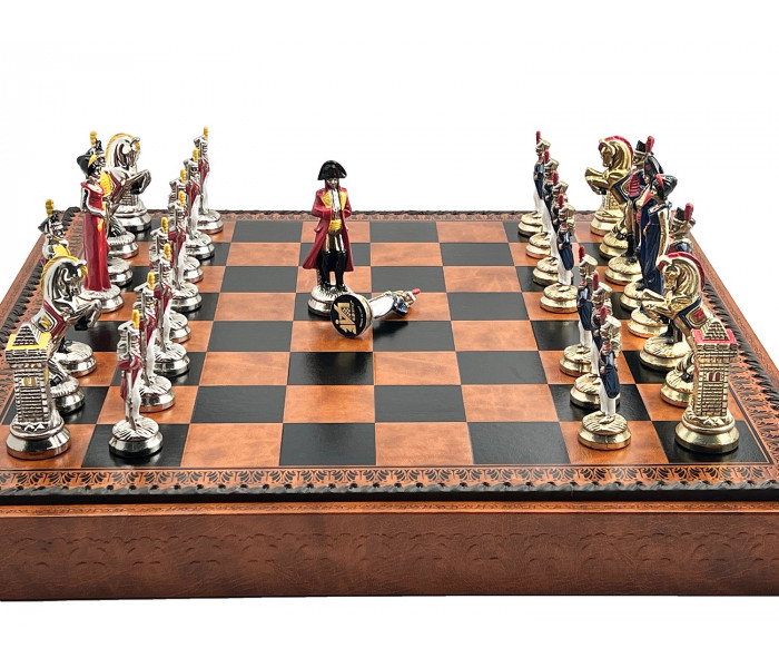 Элитный игровой набор 3-в-1 "Napoleone" 48 x 48 см тематические металлические фигуры, коричнево-бежевая кожаная доска, шашки и нарды. Italfama (19-57+212L)