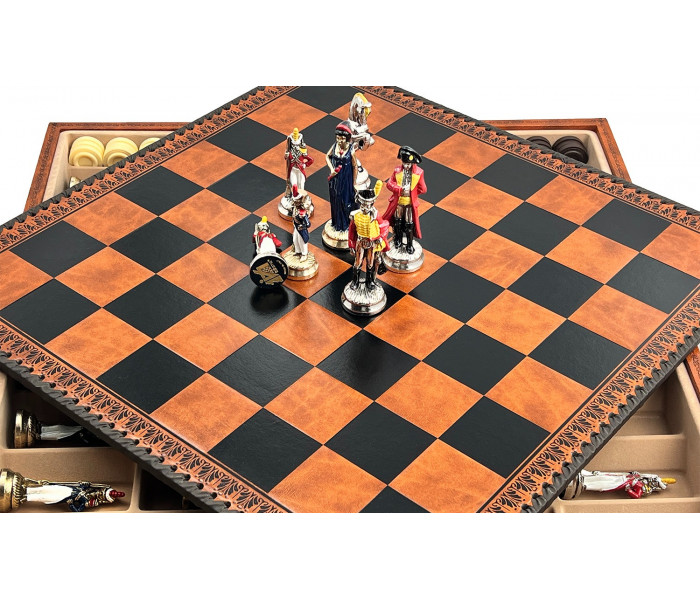 Элитный игровой набор 3-в-1 "Napoleone" 48 x 48 см тематические металлические фигуры, коричнево-бежевая кожаная доска, шашки и нарды. Italfama (19-57+212L)