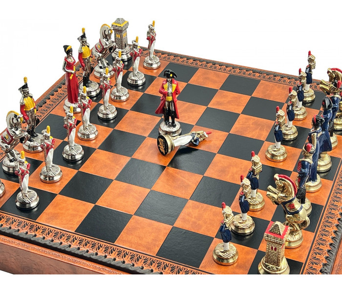 Элитный игровой набор 3-в-1 "Napoleone" 48 x 48 см тематические металлические фигуры, коричнево-бежевая кожаная доска, шашки и нарды. Italfama (19-57+212L)
