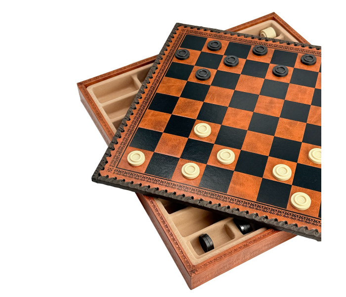 Элитный игровой набор 2-в-1 "Medioevale" 35 x 35 см тематические металлические фигуры, коричнево-черная кожаная доска и шашки. Italfama (19-71+209L)