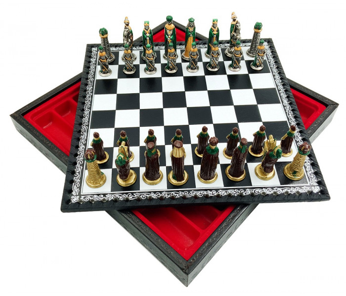 Элитный шахматный набор 2-в-1 "Medioevale" 28 x 28 см тематические металлические фигуры, черно-белая кожаная доска и шашки. Italfama (19-71+218BN)