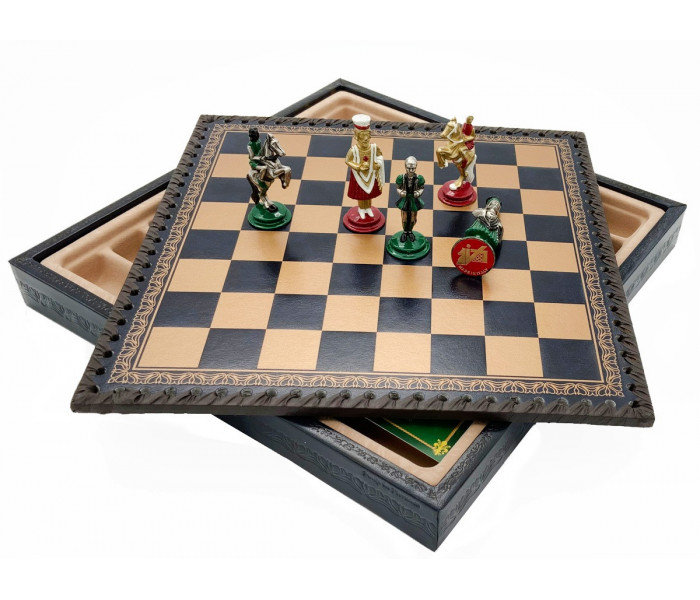 Элитный игровой набор 2-в-1 "Medioevale" 28 x 28 см тематические металлические фигуры, сине-золотая кожаная доска и шашки. Italfama (19-72+218GB)