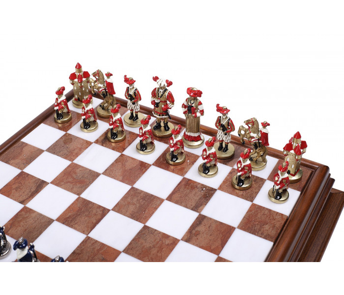 Элитный шахматный набор "Landsknecht" 47 x 47 см тематические металлические фигуры и доска-столик из дерева и мрамора. Italfama (19-84+419AW)