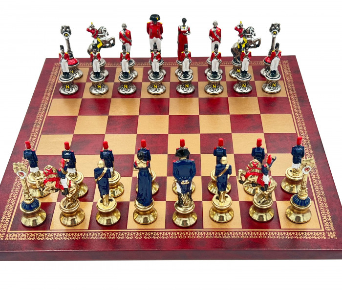 Элитный шахматный набор "Napoleone" 33 x 33 см тематических металлических фигур и красно-золотистым кожаной доске. Italfama (19-92+201GR)