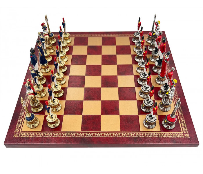 Элитный шахматный набор "Napoleone" 33 x 33 см тематических металлических фигур и красно-золотистым кожаной доске. Italfama (19-92+201GR)