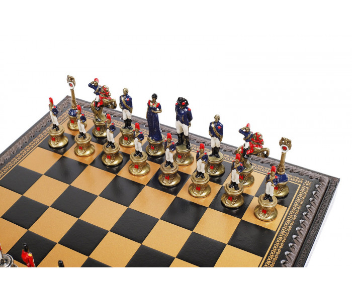Элитный игровой набор 3-в-1 (шахматы, шашки, нарды) "Napoleone" 35 x 35 см тематические металлические фигуры, черно-золотая кожаная доска, шашки и нарды. Italfama(19-92+219GN)