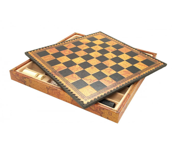 Элитный игровой набор 3-в-1 (шахматы, шашки, нарды) "Napoleone" 35 x 35 см тематические металлические фигуры, коричнево-черная кожаная доска, шашки и нарды. Italfama (19-93+219MAP)