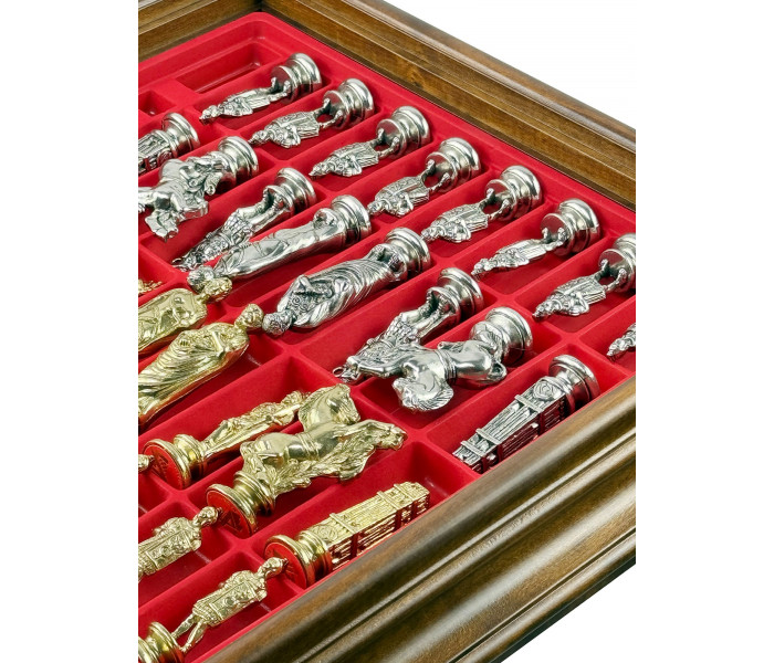 Элитный игровой стол ломберный 2-в-1 (шахматы и шашки) "Caesar Set" 55 x 55 см монументальные металлические фигуры, деревянные шашки и стол из массива липы. Italfama (20M+TAV217+312)