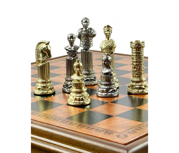 Элитный игровой стол ломберный 2-в-1 (шахматы и шашки) "Busto Imperatore Romano" 55 x 55 см монументальные металлические фигуры, деревянные шашки и стол из массива липы. Italfama (46M+TAV217+312)