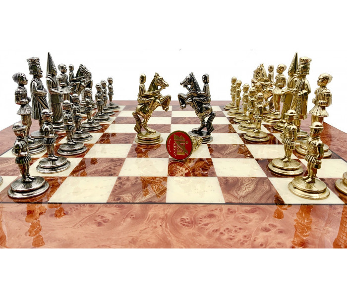 Элитный шахматный набор Camelot Medio 42 x 42 см тематические металлические фигуры и коричнево-бежевая деревянная доска. Italfama (50M+8721RL)