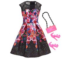 Фото Чорне плаття в квітах з аксесуарами, Barbie, Mattel, чорне плаття з квітами, CFX92-4