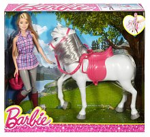 Фото Лялька Барбі в картатій сорочці з конем - набір, серія Прогулянка верхи, Barbie, Mattel, DHB68
