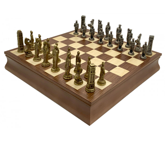 Шахматы Italfama Romani vs Barbari, доска шкатулка, 38 x 38 см, фигуры цинк, латунь, никель (93M+G10936)