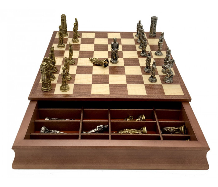Шахматы Italfama Romani vs Barbari, доска шкатулка, 38 x 38 см, фигуры цинк, латунь, никель (93M+G10936)