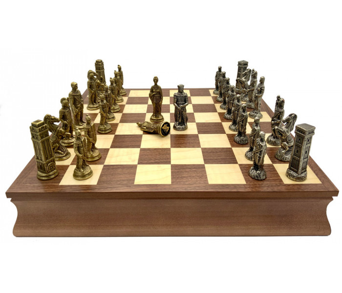 Шахматы Italfama Romani vs Barbari, доска шкатулка, 38 x 38 см, фигуры цинк, латунь, никель (93M+G10936)