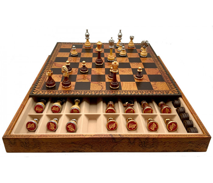 Шахматы и нарды Italfama Mignon Fiorito Marrone, 48 x 48 см, фигуры цинк, золото, серебро (158G+222MAP)