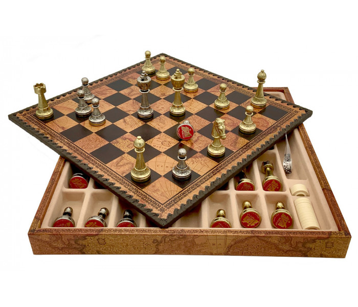 Шахматы и нарды Italfama Staunton Marrone Carta, 35 x 35 см, фигуры цинк, латунь, никель (70M+219MAP)