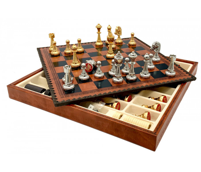 Шахматы и нарды Italfama Staunton Marrone, 35 x 35 см, фигуры цинк, золото, серебро (70G+209L)