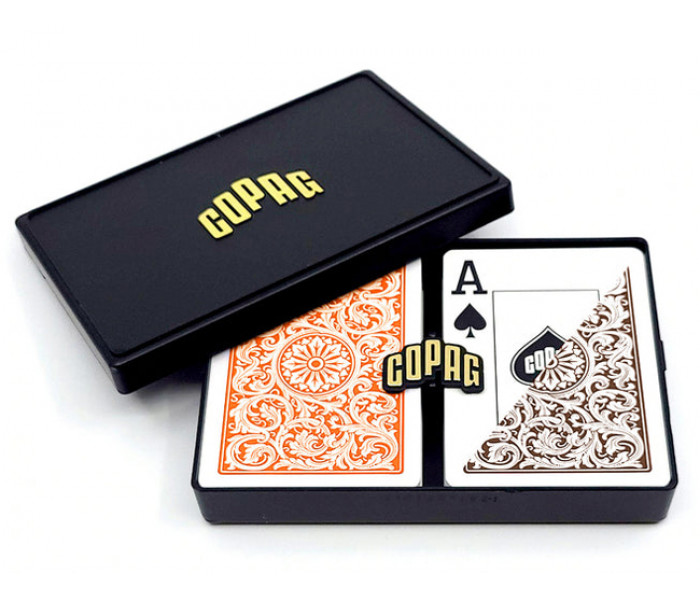Карты Copag Elite 100% Plastic Double-deck Poker Size Jumbo Index (Orange/Brown)