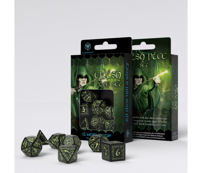 Кубики RPG Elvish Black & glow-in-the-dark Dice Set. Q WORKSHOP (SELV04)